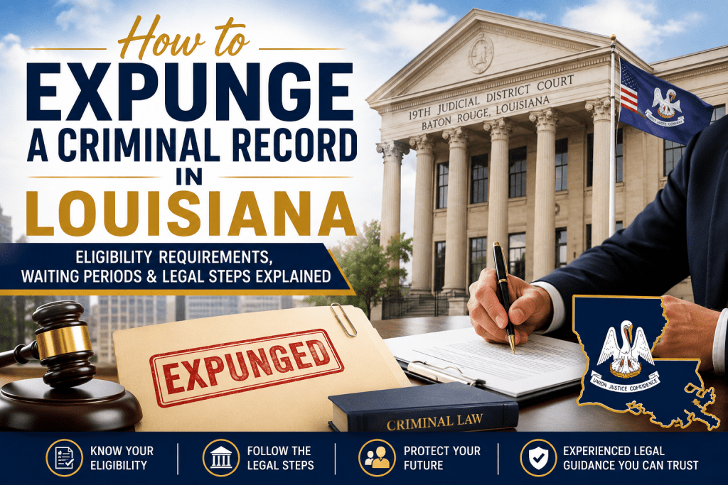 Legal professional completing expungement paperwork in front of a Louisiana courthouse with an expunged criminal record file, gavel, and Louisiana state emblem.