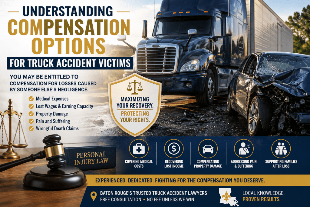 Damaged passenger vehicle and commercial truck involved in a serious roadway collision, illustrating compensation options for truck accident victims including medical expenses, lost wages, and personal injury claims.