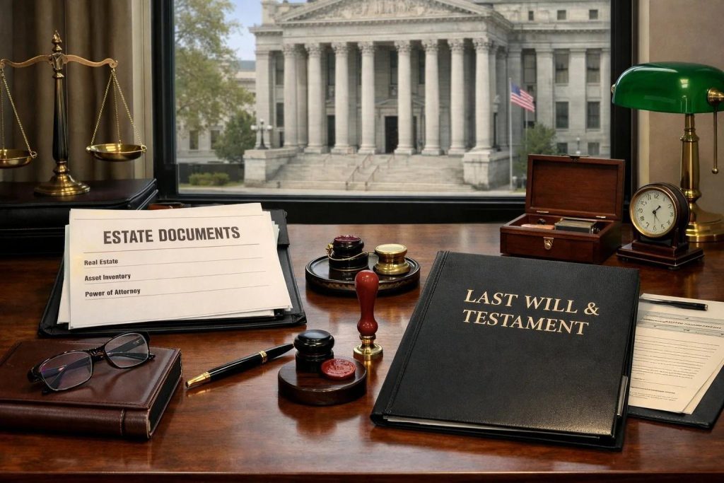 Estate planning documents and legal paperwork related to Louisiana succession and inheritance laws when no will exists.